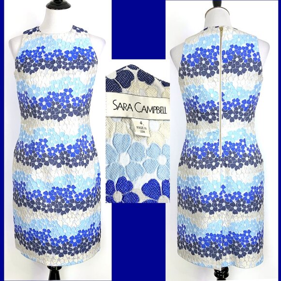 Sara Campbell Dresses & Skirts - Sara Campbell Jaquard Floral Blue White Sheath Party Dress Size 4 - 6
